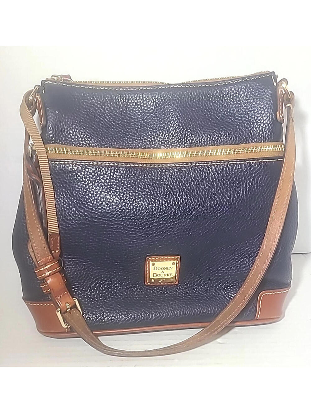 Dooney and Bourke Pebble Grain Leather Zip Crossbody Bag Purse, Navy & Brown